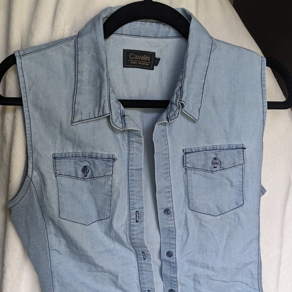 Cavalini Sleeveless Denim Button Down Shirt, M Blue - Picture 1 of 7